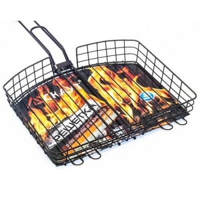 Решетка для гриля глубокая 30.5х32х5.5см с антипригарным покрытием и деревянной ручкой (0741)