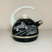 Чайник 2,5л (конс.ручка)-черный/белый домик в деревне (декор- нерж.сталь)Т04/25/02/38/Н03 (г.Ростов)