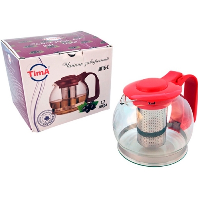 Чайник "Смородина" стеклянный 1200мл с ситом, пласт.ручка+крышка, коралловый арт. А016-В