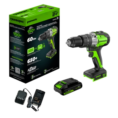 Дрель-шуруповерт ударная аккумуляторная Greenworks GD24DD60, б/щет, 30/60Нм,1х2Ач,ЗУ,кор(3704107CUA)