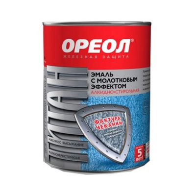 Эмаль с молотковым эффектом "ОРЕОЛ" алкидно-стирольная "ТИТАН" серебристая 0,8кг (1782) (3029) Эмаль с молотковым эффектом "ОРЕОЛ" алкидно-стирольная "ТИТАН" серебристая 0,8кг (1782) (3029)