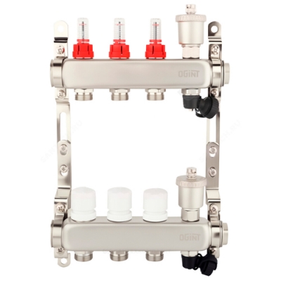 Группа коллекторная нерж. сталь 1" ВР/ВР 6 вых 3/4" НР под евроконус с расходомерами Ogint 95005-05 Группа коллекторная нерж. сталь 1" ВР/ВР 6 вых 3/4" НР под евроконус с расходомерами Ogint 95005-05