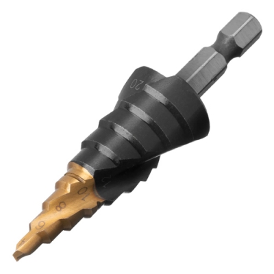 Сверло ступенчатое 4-6-8-10-12-14-16-18-20 мм, Р6М5, 6-гр. хвостовик// Denzel арт.723603 Сверло ступенчатое 4-6-8-10-12-14-16-18-20 мм, Р6М5, 6-гр. хвостовик// Denzel арт.723603