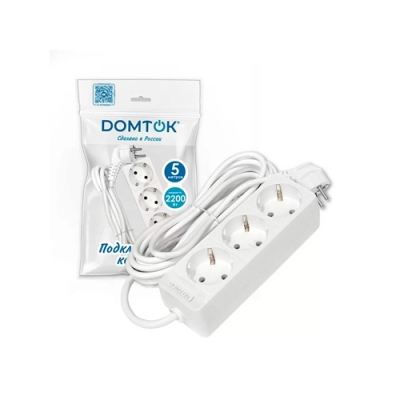 Удлинитель бытовой "DOMTOK" (ЛИДЕР) 3 гнезда, ПВС 3*0,75, 2,2кВт, з/к 5м (2376)