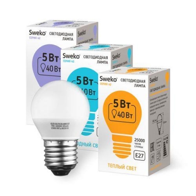 Светодиодная лампа 42 серия 42LED-G45-5W-230-4000K-E27 (38448)