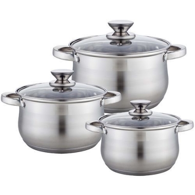 BE-614/6 Набор посуды из нерж.стали 6 пр. 2,1л, 2,9л, 3,9л со стеклянными крышками (4)