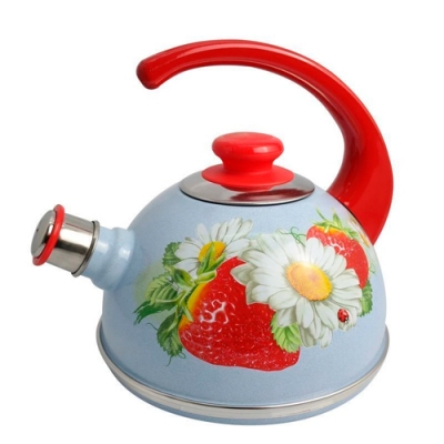 Чайник 2,5л. (конс.ручка)-серо-голубой/клубника с ромашкой (дек-нерж.ст. на кр.)T04/25/09/05/H13