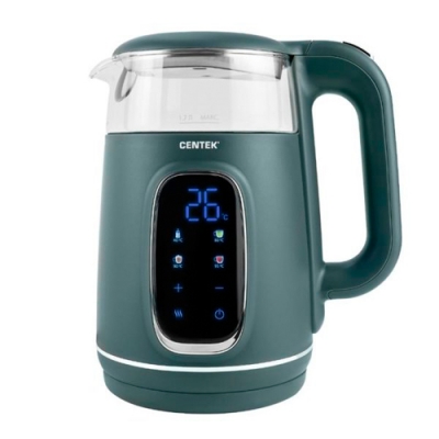 Чайник Centek CT-0052 Green 1,7л 2200Вт 2стенки Стекло LED-дисплей t:40/80/90/100 С Сенсор Подогрев