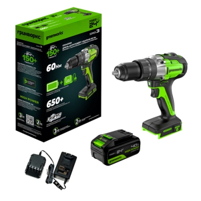 Дрель-шуруповерт ударная аккумуляторная Greenworks GD24DD60,б/щет,30/60Нм,1х4Ач,ЗУ,кор (3704107CUB) Дрель-шуруповерт ударная аккумуляторная Greenworks GD24DD60,б/щет,30/60Нм,1х4Ач,ЗУ,кор (3704107CUB)