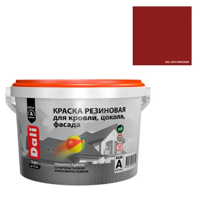 Краска резиновая для кровли, цоколя, фасада DALI красный - 3 кг (65190) Краска резиновая для кровли, цоколя, фасада DALI красный - 3 кг (65190)