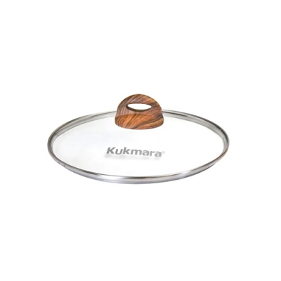 Крышка стеклянная 220мм, с ободом из нерж. стали и бакелит. ручк. софт-тач цвет дерево, деколь серая