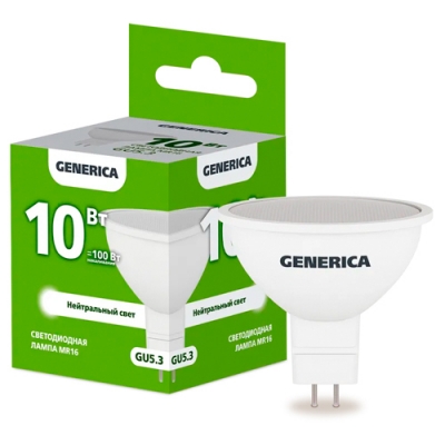 Лампа LED MR16 софит 10Вт 230В 4000К GU5.3 GENERICA арт.LL-MR16-10-230-40-GU5-G