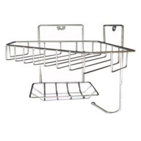 Полка угловая трапеция,корзина 1 ярусная, с мыльницей и вешалкой , хром зеркальн. , арт. ПКТМ-1