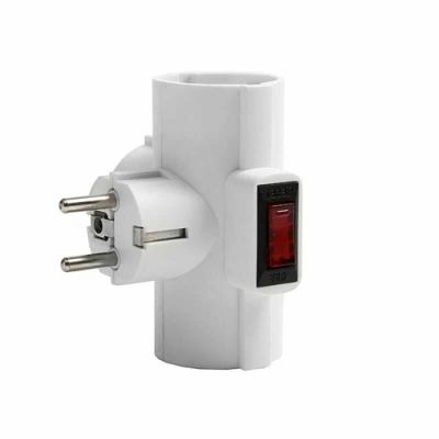 Разветвитель "DОМТОК" 3гн. Т-образный с термовыключателем с/з, з/ш, 250В 3500Вт белый (2663)