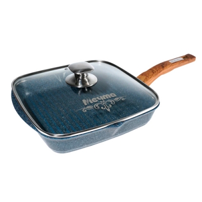 Сковорода-гриль квадр. 28*28 см с несъемной ручкой и стекл. крышкой АП "Premium" (blue) арт. С68903