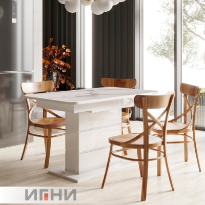 Стол Игни Шамбор 1240*750/300 (руч мех) форма 2 (пластик), белый мрамор,подстолье белый глянец (300)