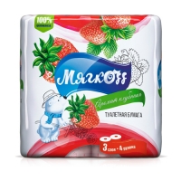 Туалетная бумага "Мягкоff", 17,28 м. Аромат клубники, 3 слоя, 4 рулона.