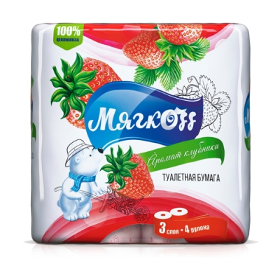 Туалетная бумага "Мягкоff", 17,28 м. Аромат клубники, 3 слоя, 4 рулона.