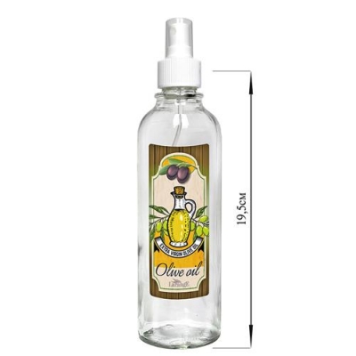 Бутылка цилиндр с кнопочным дозатором для масла/соусов, Olive oil на зеленом фоне под дерево, 330 мл