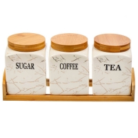 Банка для сыпучих продуктов, керамика, 3 шт, с крышкой, на бамбуковой подставке, Белый мрамор с золо