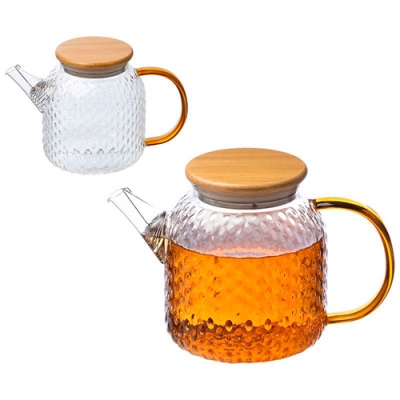 Чайник заварочный AROMA, объем 1 л, из боросиликатного стекла с рельефом, с крышкой из бамбука арт.1