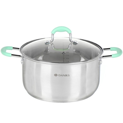 Кастрюля нержавеющая сталь, 5.8 л, с крышкой, крышка стекло, силиконовые ручки мятные, круглая, Dani