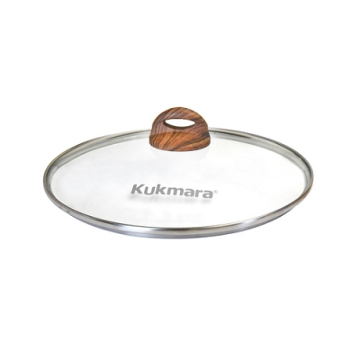 Крышка стеклянная 240мм, с ободом из нерж. стали и бакелит. ручк. софт-тач цвет дерево, деколь серая