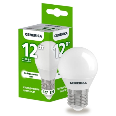 Лампа LED G45 шар 12Вт 230В 4000К E27 GENERICA арт.LL-G45-12-230-40-E27-G Лампа LED G45 шар 12Вт 230В 4000К E27 GENERICA арт.LL-G45-12-230-40-E27-G