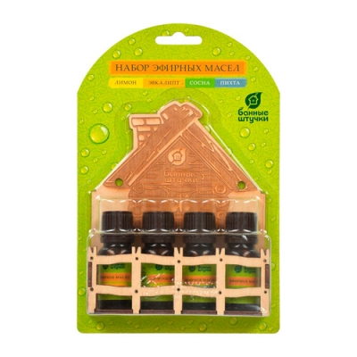 Набор эф. масел Банные штучки Банька (эвкалипт+сосна+лимон+пихта) по 10 мл с полочкой /10 33411