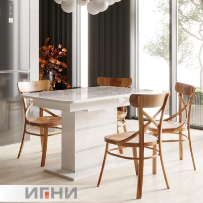 Стол Игни Шамбор 1240*750/300 (руч мех) пластик миланский мрамор глянец,подстолье белый глянец (302)