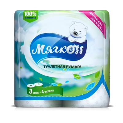 Туалетная бумага "Мягкоff", 17,28 м. Белая, 3 слоя, 4 рулона.