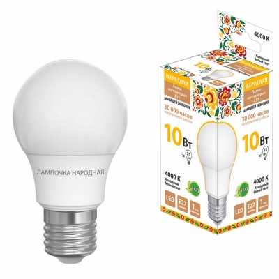 Лампа светодиодная НЛ-LED-A55-10Вт-230 В-4000 К-Е27, (55х98мм) Народная (SQ0340-1509)