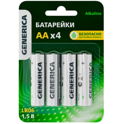 Батарейка щелочная Alkaline LR06/AA (4шт/блистер) GENERICA ABT-LR06-ST-L04-G