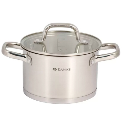 Кастрюля нержавеющая сталь, 2.9 л, крышка стекло, Daniks, Рейн, GS-01229-18, индукция (505775)