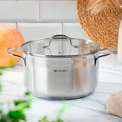 Кастрюля нержавеющая сталь, 6.1 л, крышка стекло, Daniks, Нолан, GS-01363-24CA, индукция (480208)