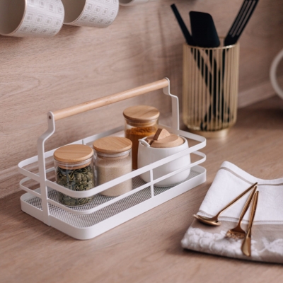 Корзина металлическая с деревянной ручкой, матовый белый LB-1 WT