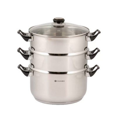 Мантоварка нержавеющая сталь, 24 см, 5.8 л, 3 секции, Daniks, DNN, крышка стекло, индукция, бакелито