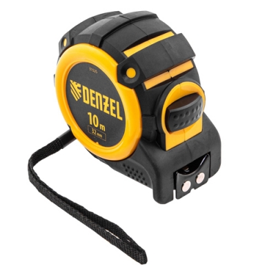 Рулетка 10м х 32мм, автом.фиксац.,нейлон.покрытие,магнит.зацеп, двухстор. разметка// Denzel 31525