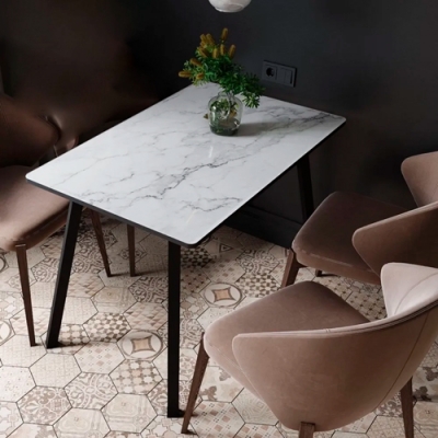Стол обеденный Domani Лофт 1000х600 фотопечать мрамор белый, опоры металлические цвет черный