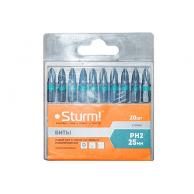 1270102 Биты PH2х25мм,сталь S2, С МАГНИТН. НАКОНЕЧНИКОМ,20 шт. в пластик.кейсе Sturm!