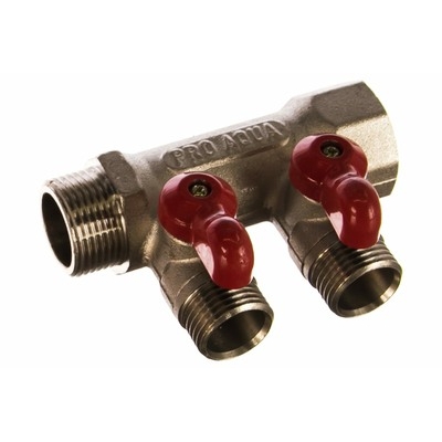 Коллектор латунный с шаровыми кранами 2 выхода, 3/4 х 1/2 V100.02-m20-f20 PRO AQUA