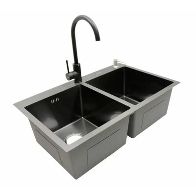 Мойка нерж врезная 780x480х230 т (3,0+1.2mm) черная НМ 7848/2 ДВОЙНАЯ (+ сифон, колландер, дозатор мыла) AISI 304