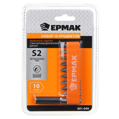 Набор 10 пр: удлинитель-адаптер с магнитным держателем для бит; 9 бит длиной 25мм ЕРМАК 601-049