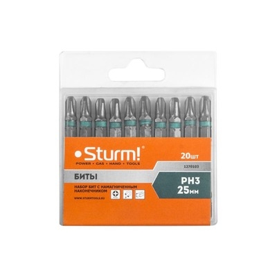 1270103 Биты PH3x25мм,сталь S2, С МАГНИТН. НАКОНЕЧНИКОМ,20 шт. в пластик.кейсе Sturm!