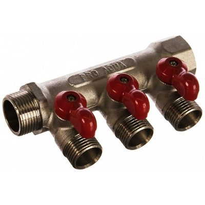 Коллектор латунный с шаровыми кранами 3 выхода, 3/4 х 1/2 V100.03-m20-f20 PRO AQUA