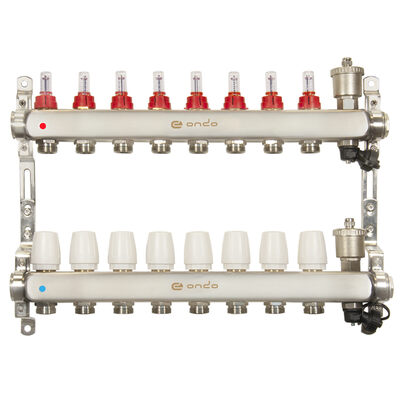 Коллекторная группа ONDO нерж сталь 8 вых. в сборе с автоматическим воздухоотводчиком, расходомерами и термостатическими клапанами OKGSET08A Коллекторная группа ONDO нерж сталь 8 вых. в сборе с автоматическим воздухоотводчиком, расходомерами и термостатическими клапанами OKGSET08A