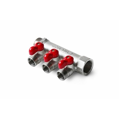 Коллектор латунный с шаровыми кранами 4 выхода, 3/4 х 1/2 V100.04-m20-f20 PRO AQUA
