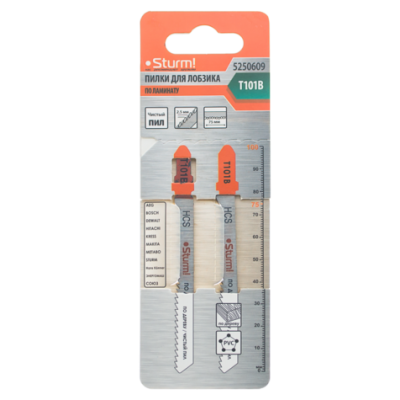 5250609 Пилки для лобзика Sturm! T101B 2шт прям.чист.рез,3-30мм,мяг.древ,ДСП,ДВП,пластик 5250609 Пилки для лобзика Sturm! T101B 2шт прям.чист.рез,3-30мм,мяг.древ,ДСП,ДВП,пластик