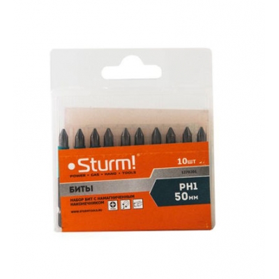 1270201 Биты PH1x50мм, сталь S2, С МАГНИТН. НАКОНЕЧНИКОМ,10 шт. в пластик.кейсе Sturm!
