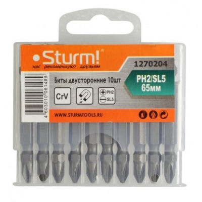 1270204 Биты PH2хSL5х50мм, сталь Crv, С МАГНИТН. НАКОНЕЧНИКОМ,10 шт. в пластик.кейсе Sturm!